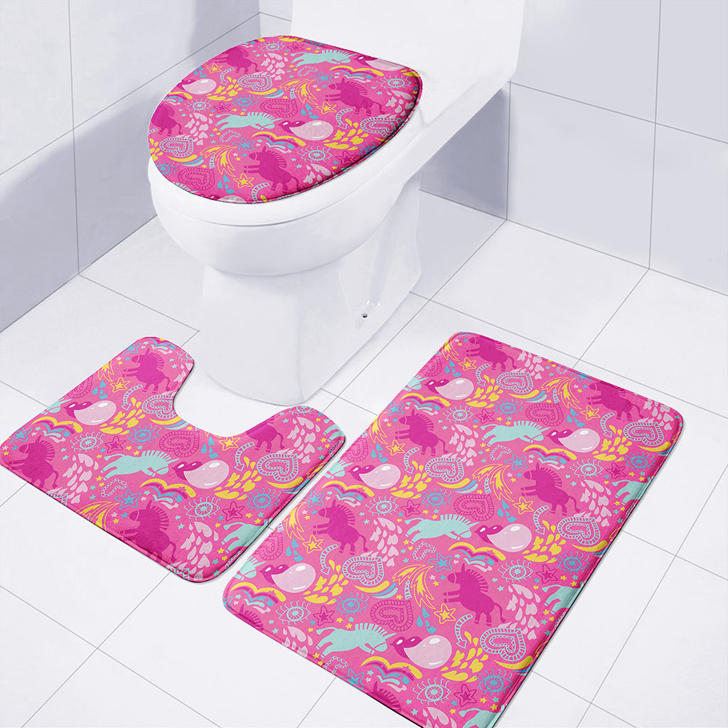 Pink Girly Unicorn Print 3 Piece Bath Mat Set