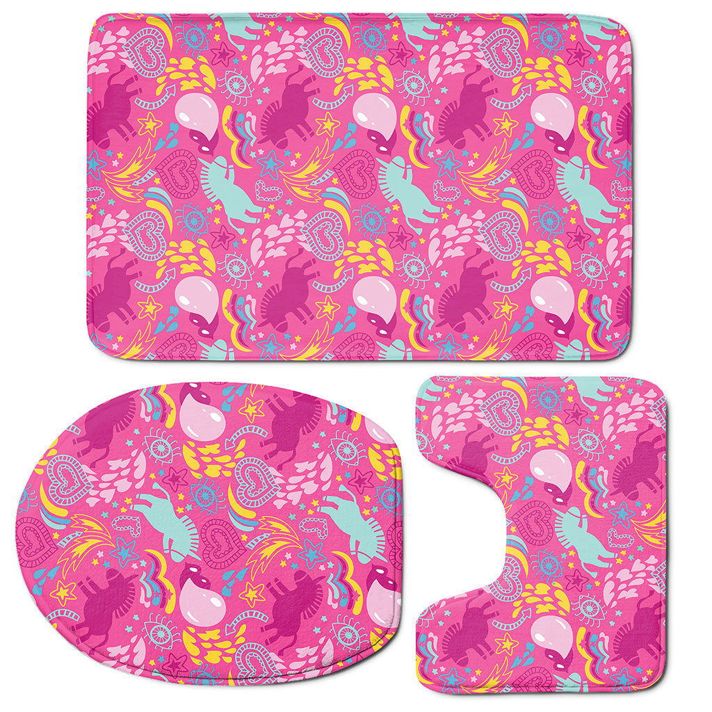 Pink Girly Unicorn Print 3 Piece Bath Mat Set