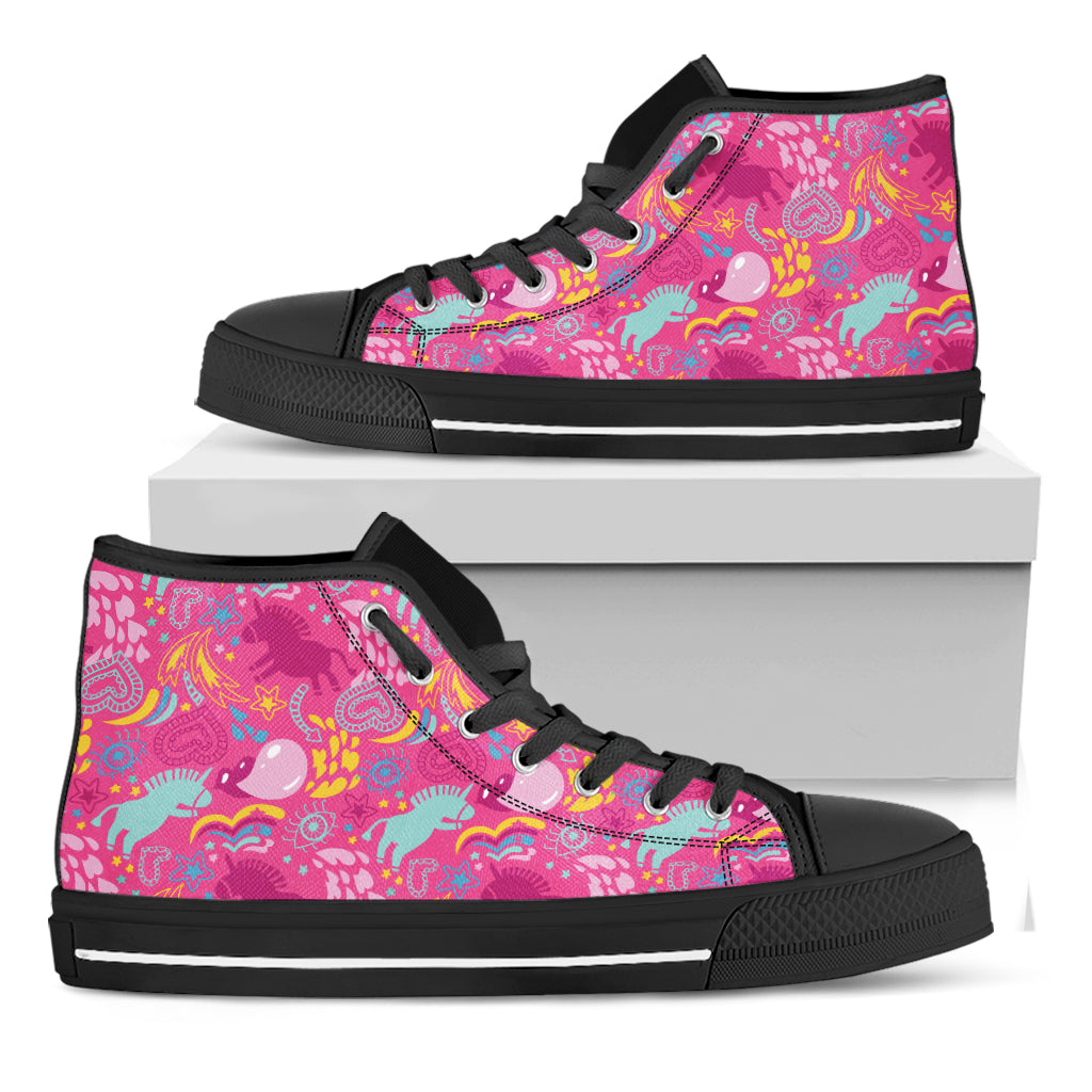 Pink Girly Unicorn Print Black High Top Shoes