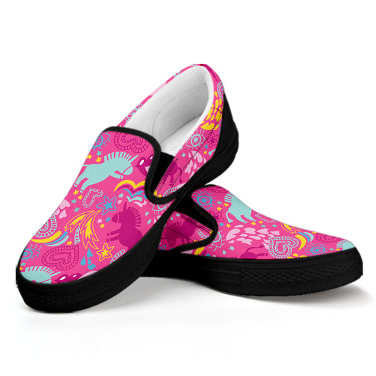 Pink Girly Unicorn Print Black Slip On Shoes