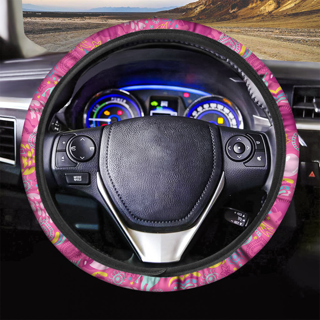 Pink Girly Unicorn Print Car Steering Wheel Cover