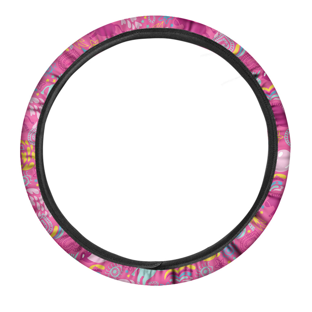 Pink Girly Unicorn Print Car Steering Wheel Cover