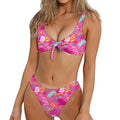 Pink Girly Unicorn Print Front Bow Tie Bikini