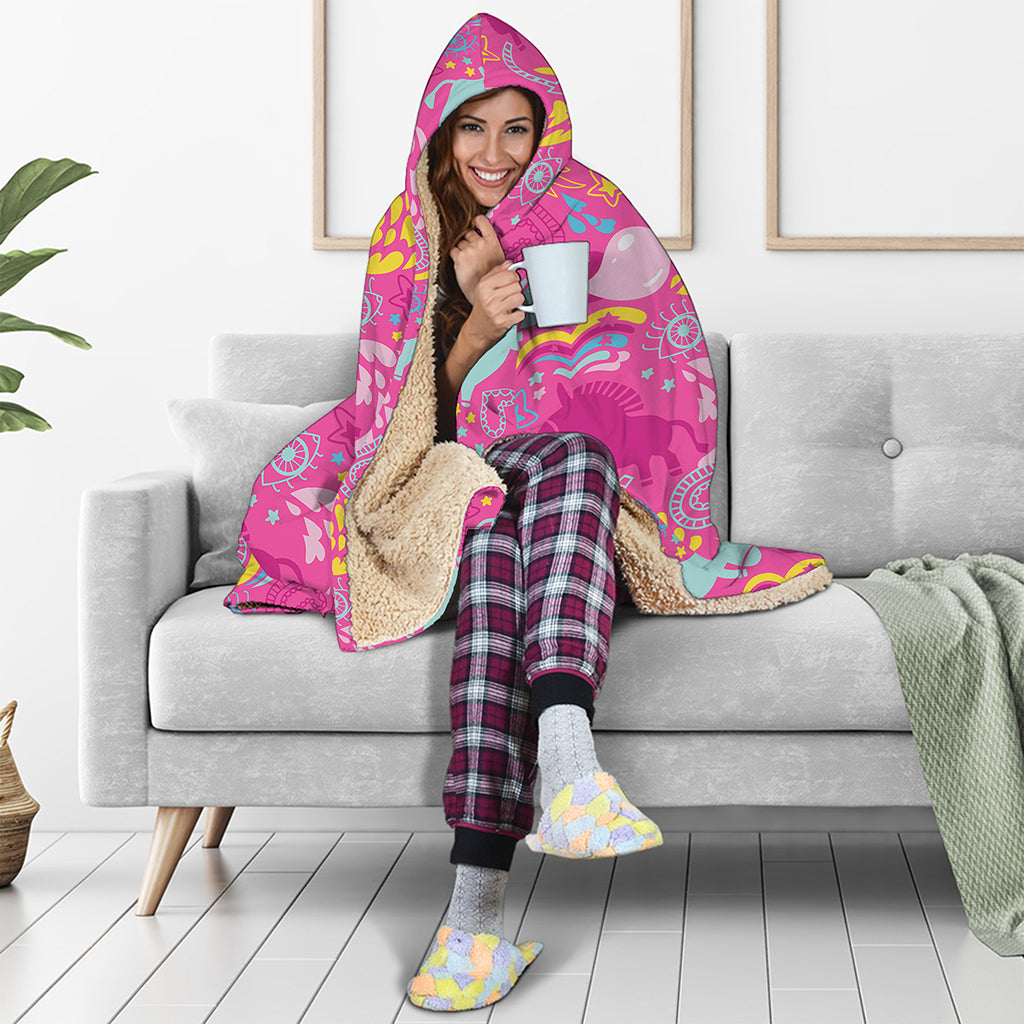 Pink Girly Unicorn Print Hooded Blanket