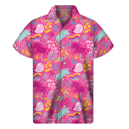 Pink Girly Unicorn Print Men's Short Sleeve Shirt