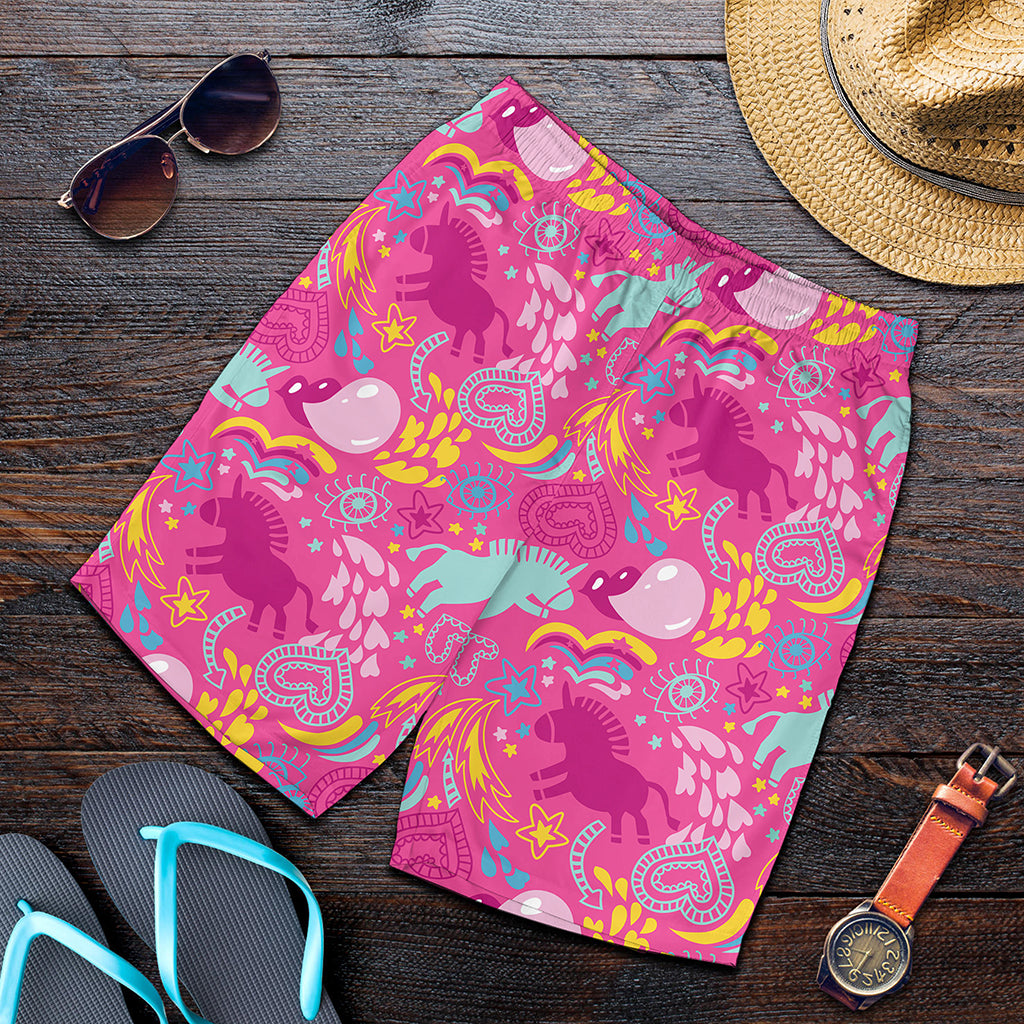 Pink Girly Unicorn Print Men's Shorts