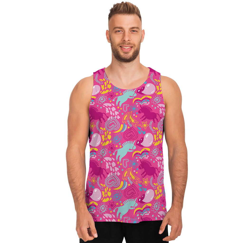 Pink Girly Unicorn Print Men's Tank Top