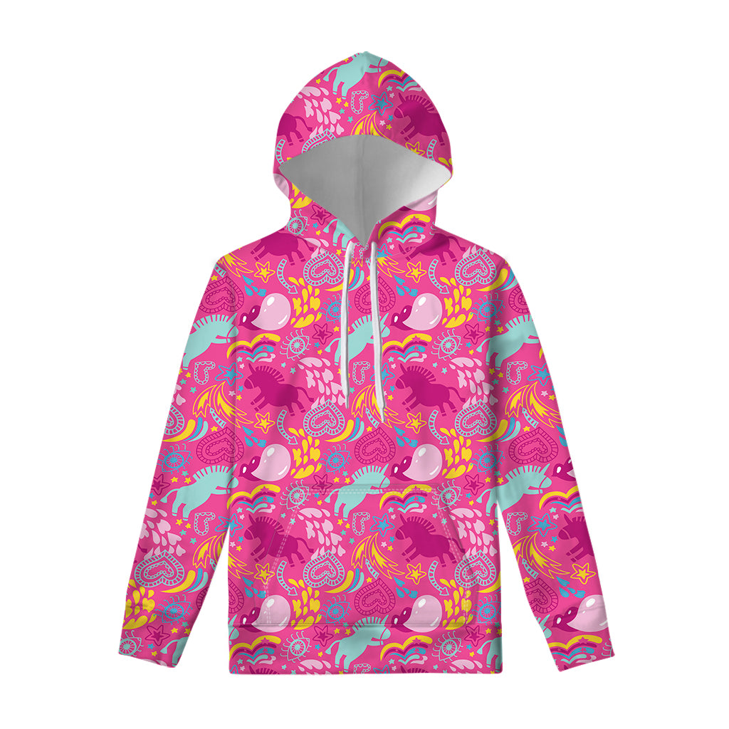 Pink Girly Unicorn Print Pullover Hoodie