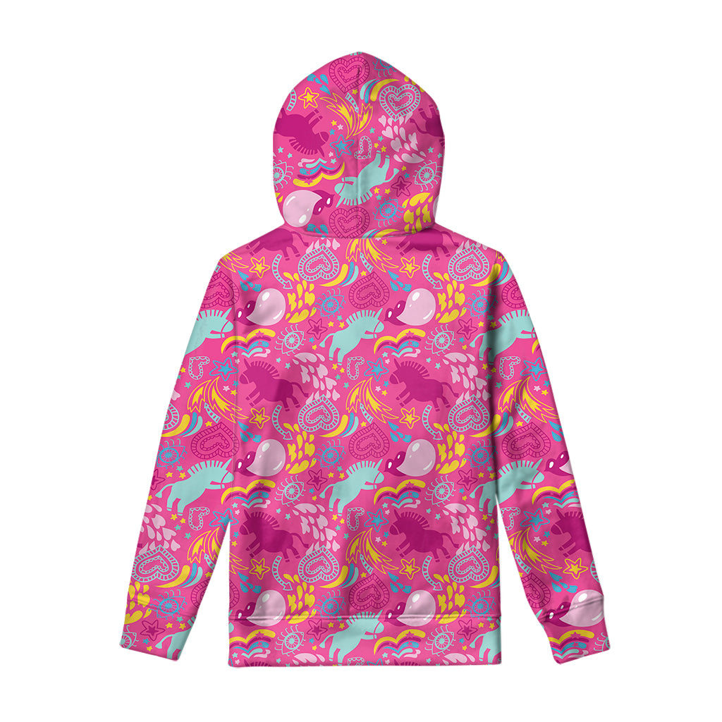Pink Girly Unicorn Print Pullover Hoodie