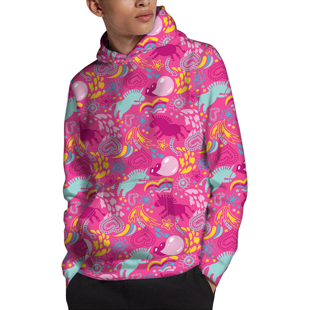 Pink Girly Unicorn Print Pullover Hoodie