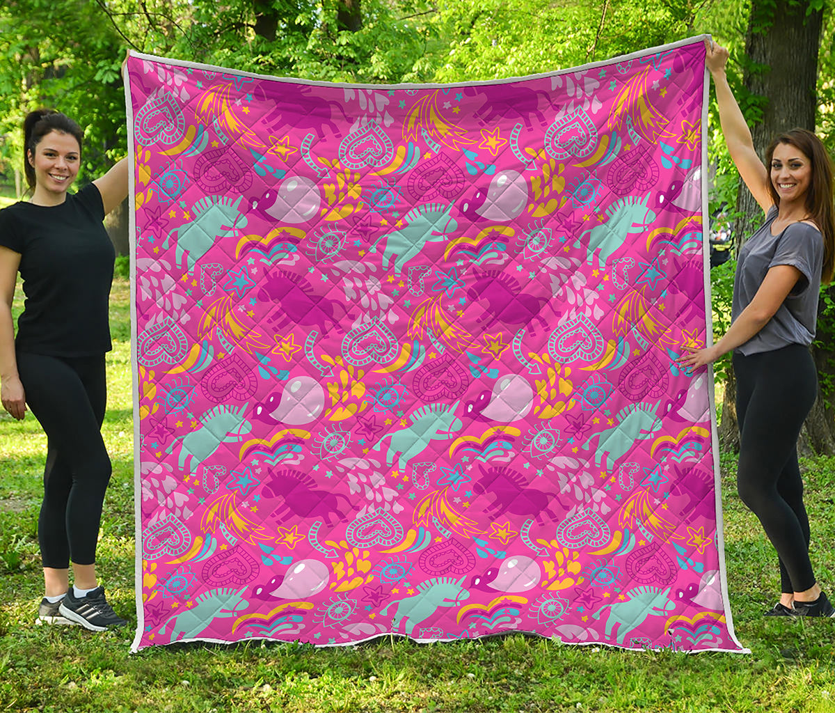Pink Girly Unicorn Print Quilt