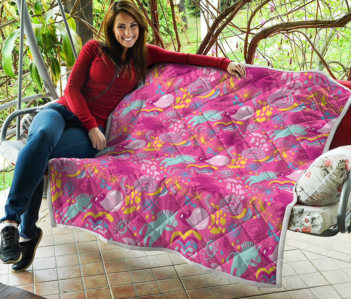 Pink Girly Unicorn Print Quilt