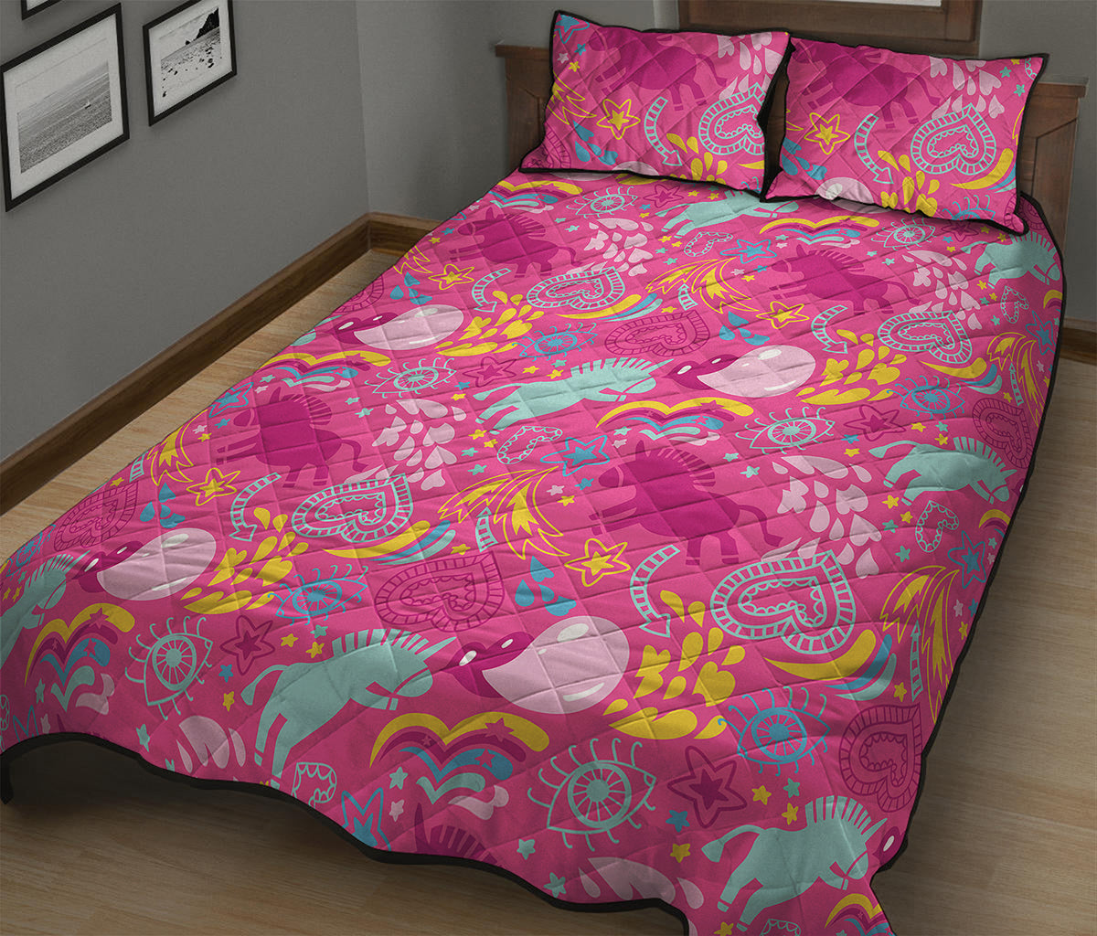 Pink Girly Unicorn Print Quilt Bed Set