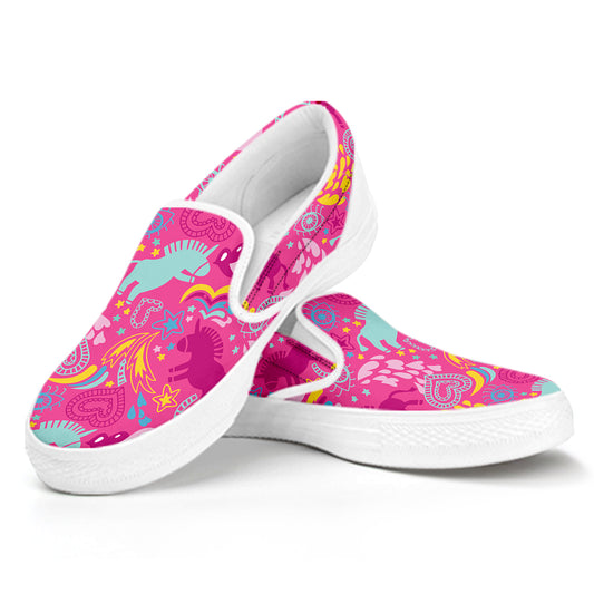Pink Girly Unicorn Print White Slip On Shoes