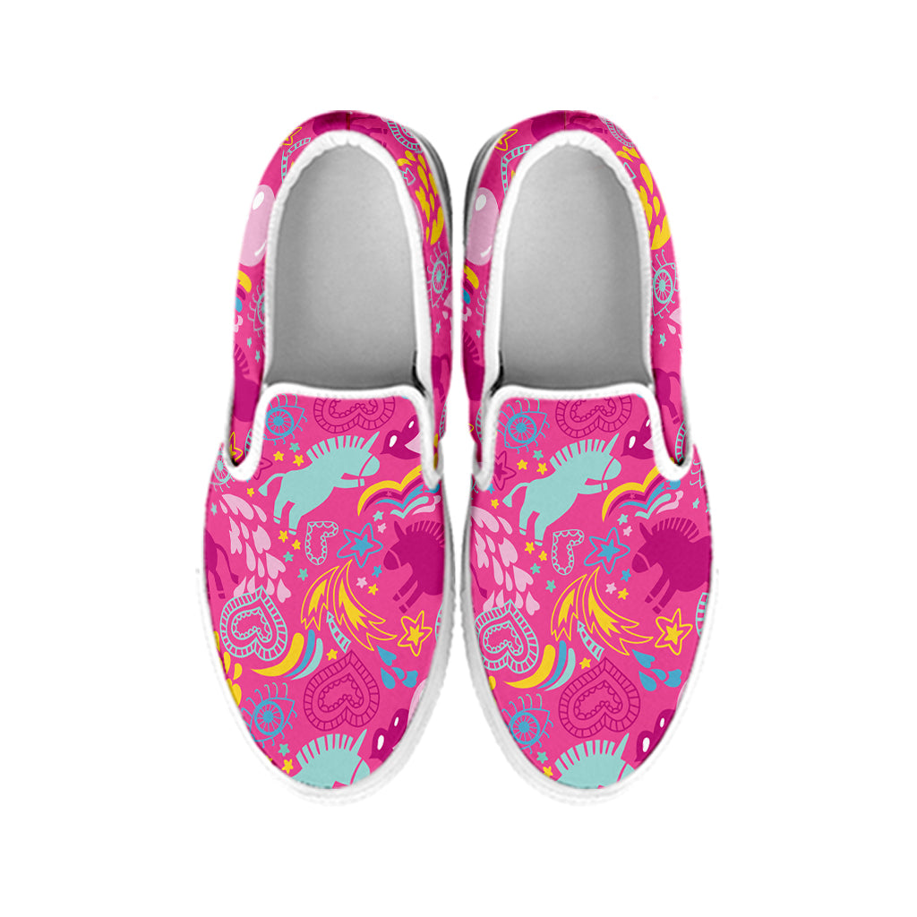 Pink Girly Unicorn Print White Slip On Shoes