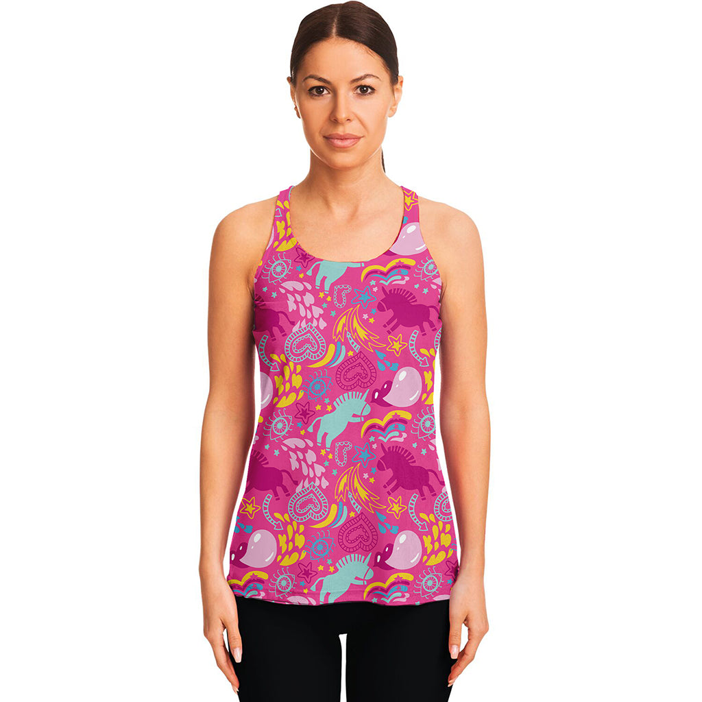 Pink Girly Unicorn Print Women's Racerback Tank Top