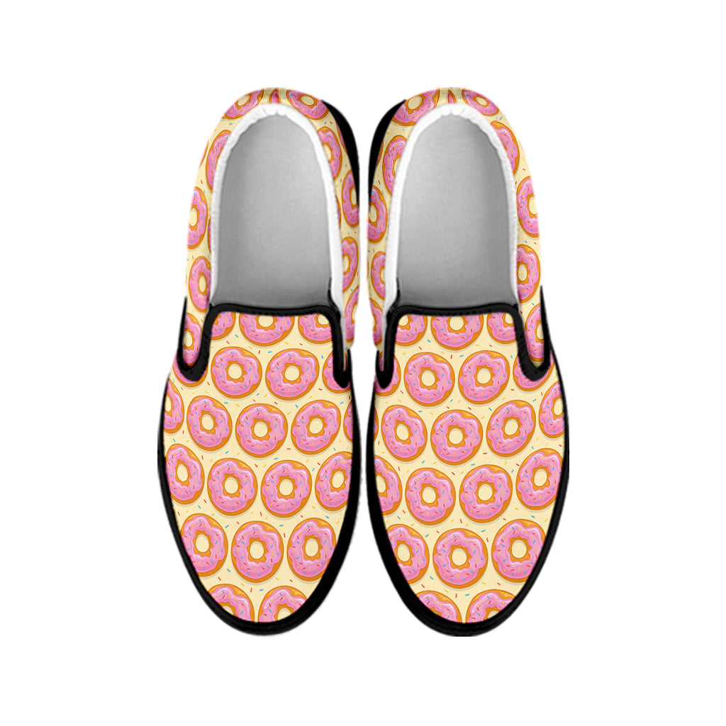 Pink Glazed Donut Pattern Print Black Slip On Shoes
