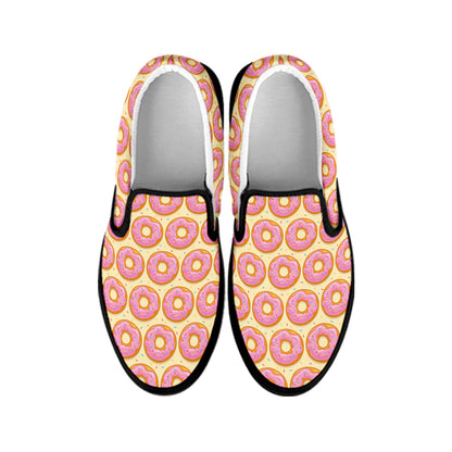 Pink Glazed Donut Pattern Print Black Slip On Shoes