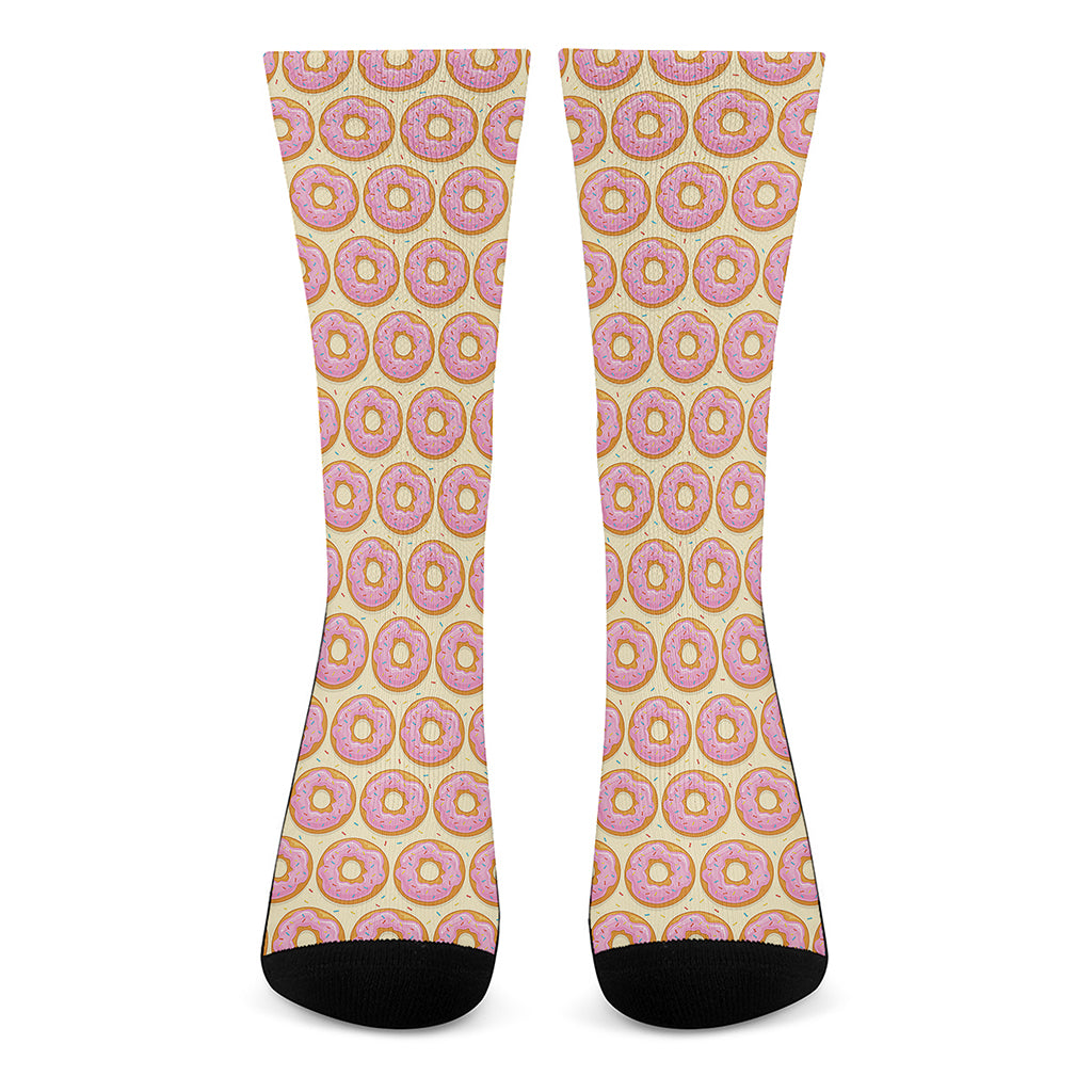 Pink Glazed Donut Pattern Print Crew Socks