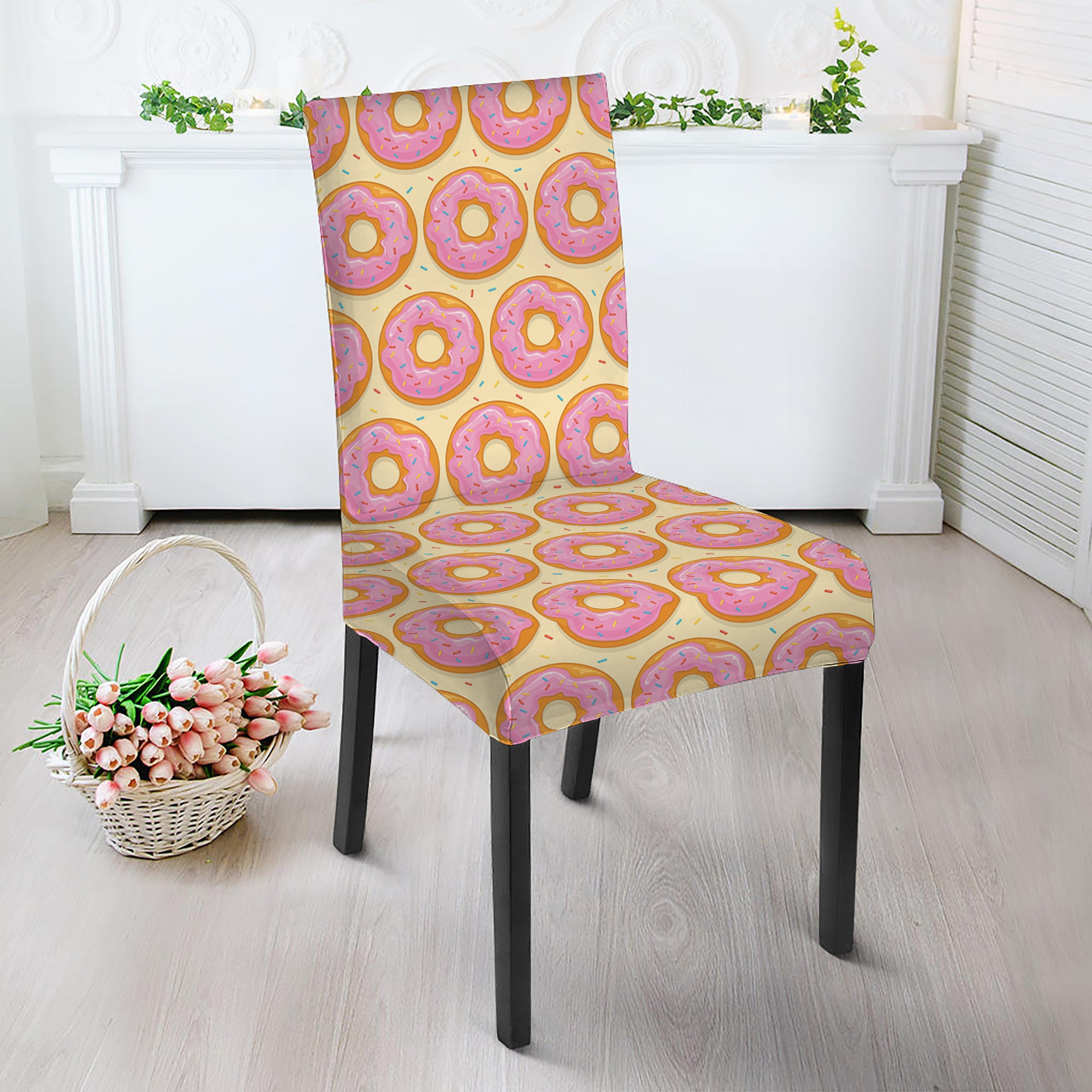 Pink Glazed Donut Pattern Print Dining Chair Slipcover