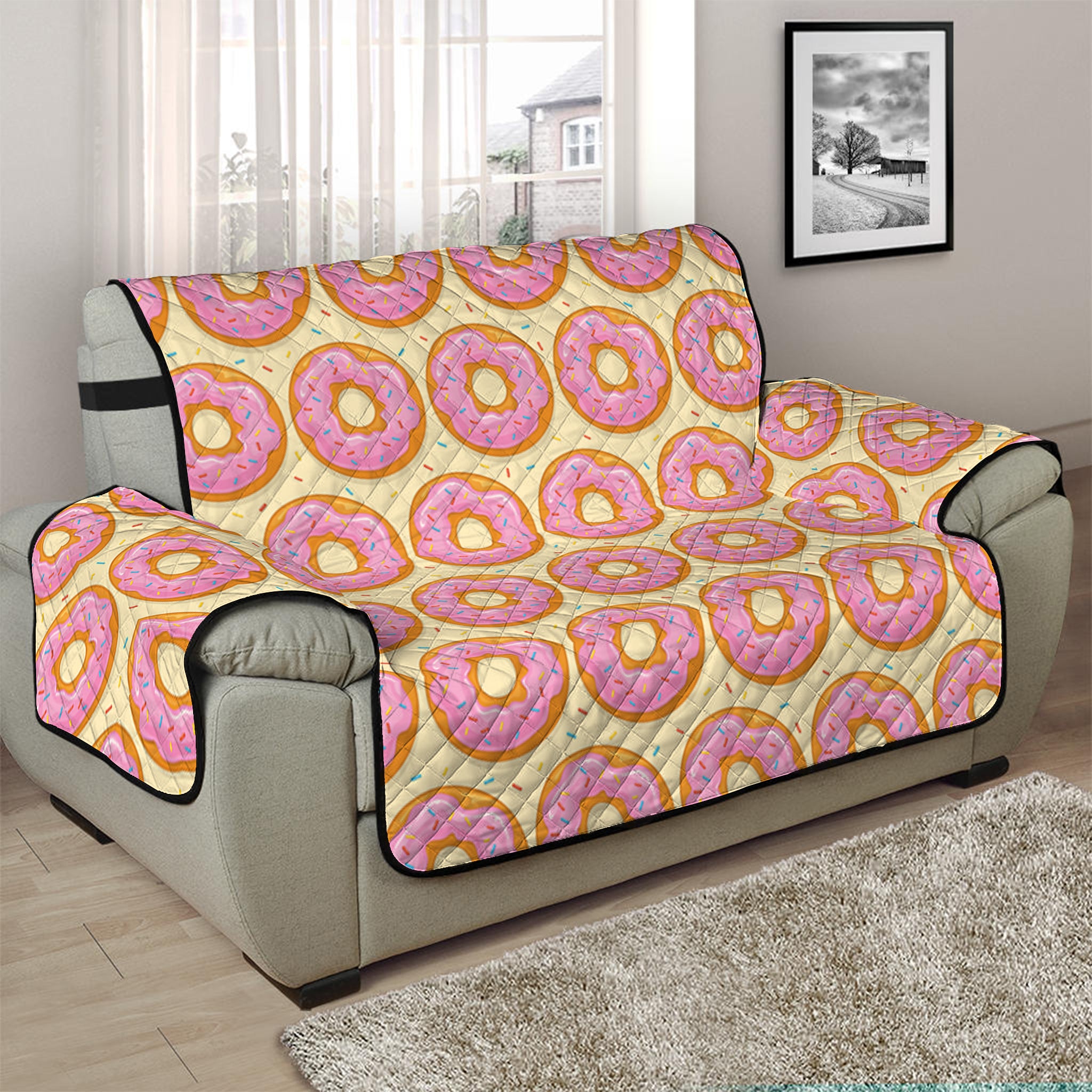 Pink Glazed Donut Pattern Print Half Sofa Protector