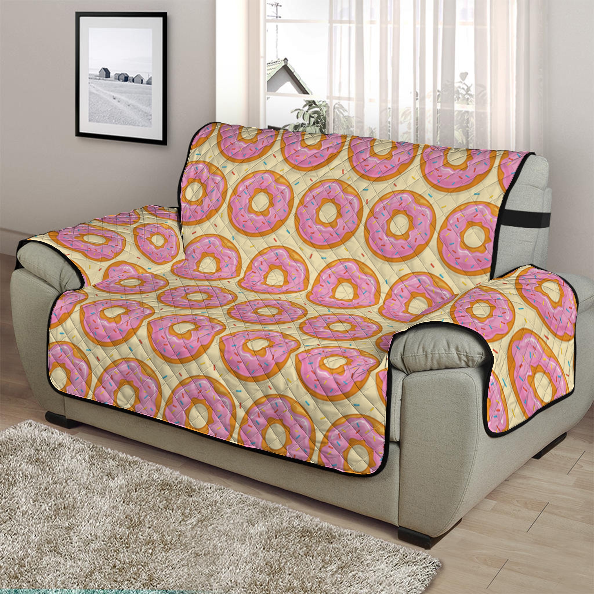 Pink Glazed Donut Pattern Print Half Sofa Protector