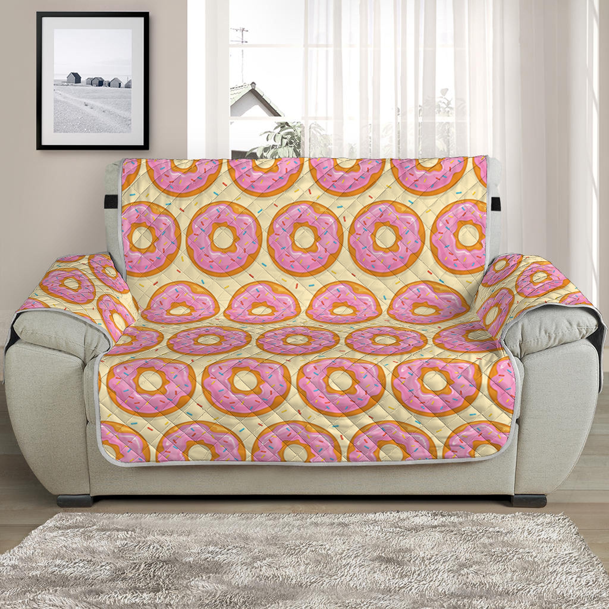 Pink Glazed Donut Pattern Print Half Sofa Protector