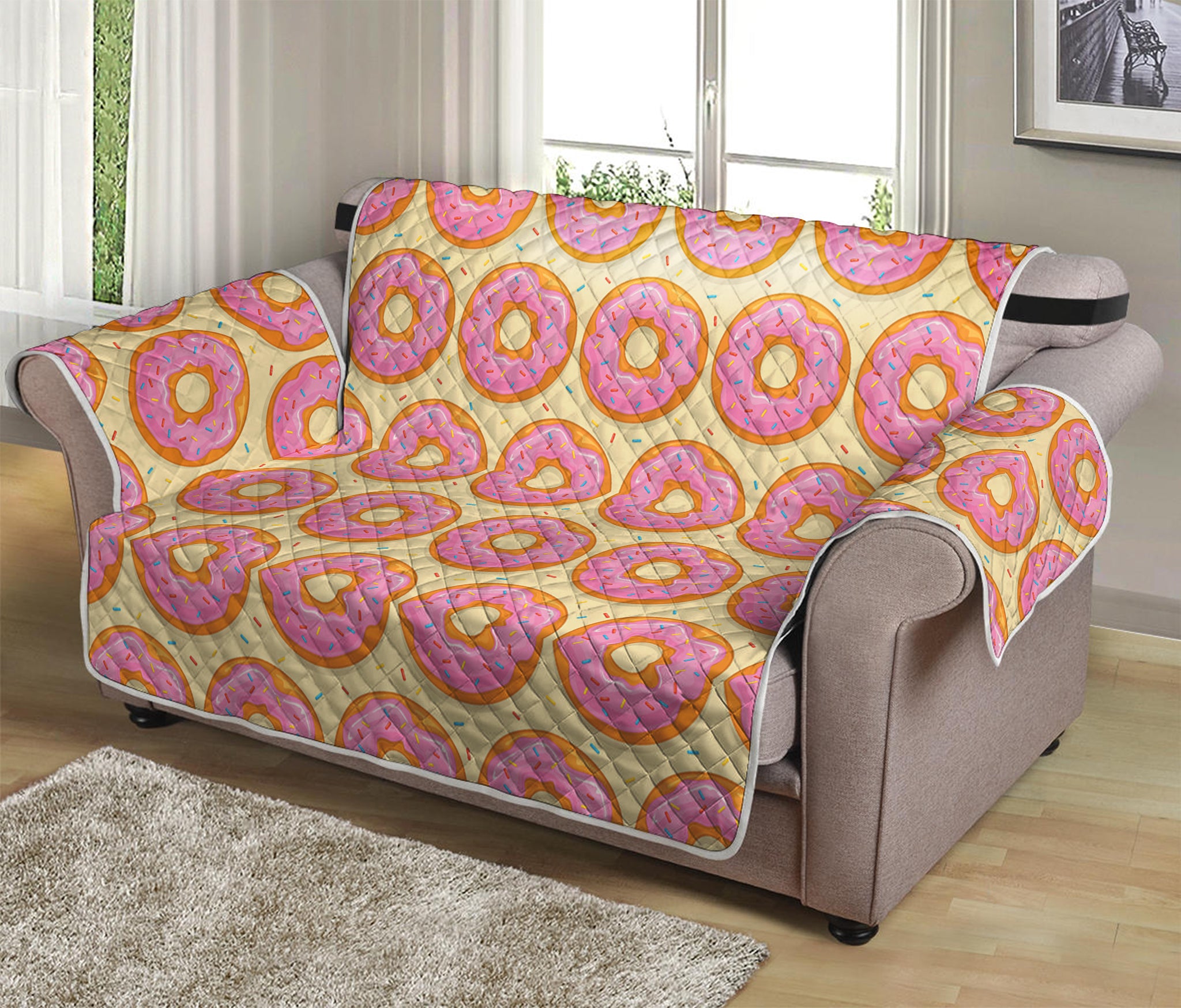 Pink Glazed Donut Pattern Print Loveseat Protector