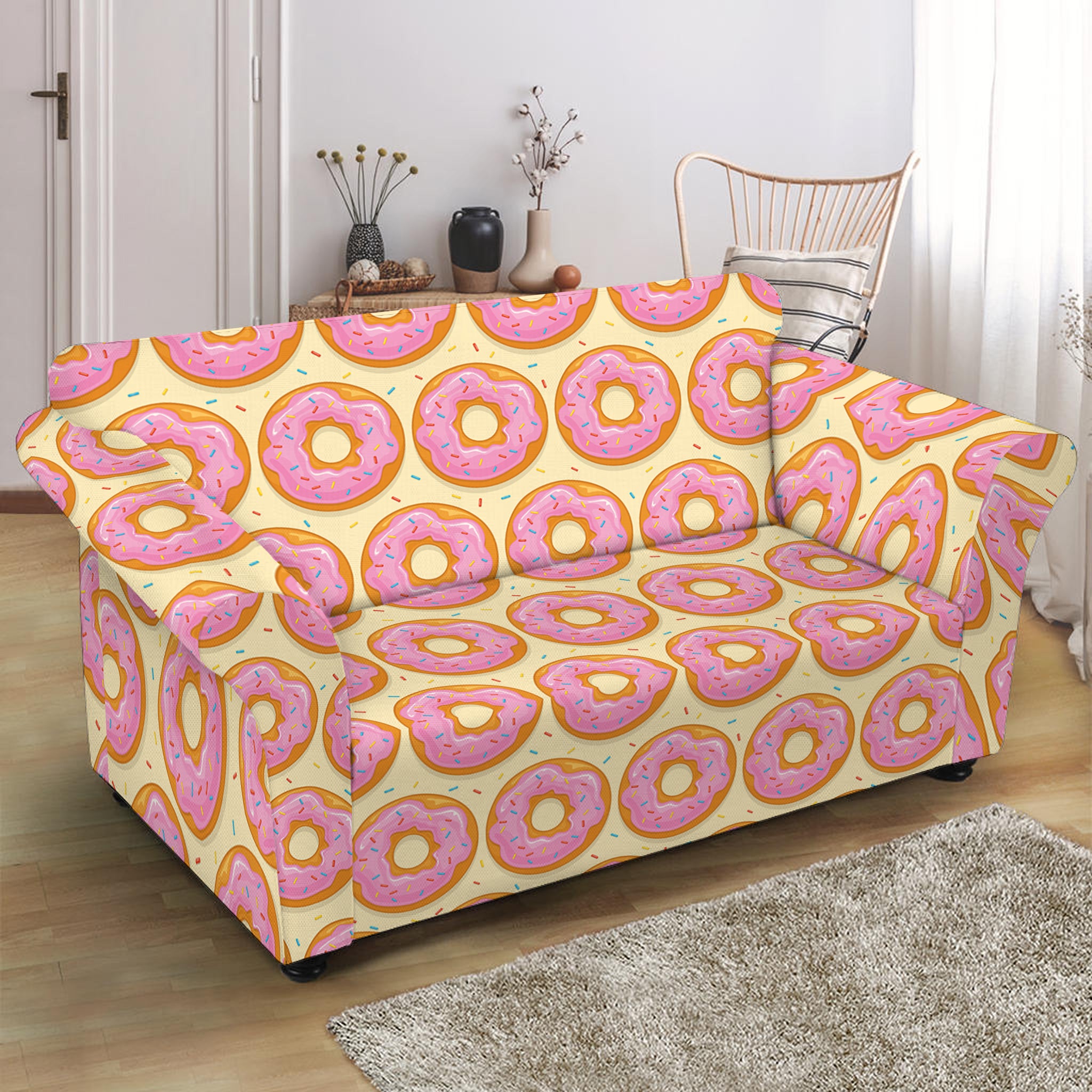 Pink Glazed Donut Pattern Print Loveseat Slipcover