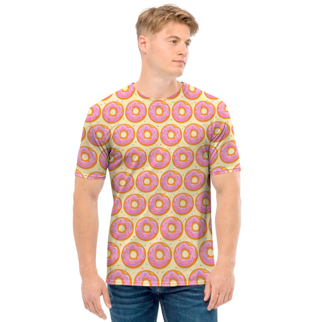 Pink Glazed Donut Pattern Print Men's T-Shirt