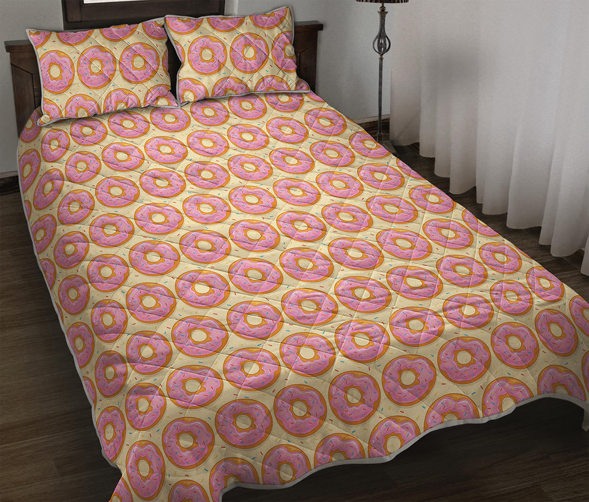 Pink Glazed Donut Pattern Print Quilt Bed Set