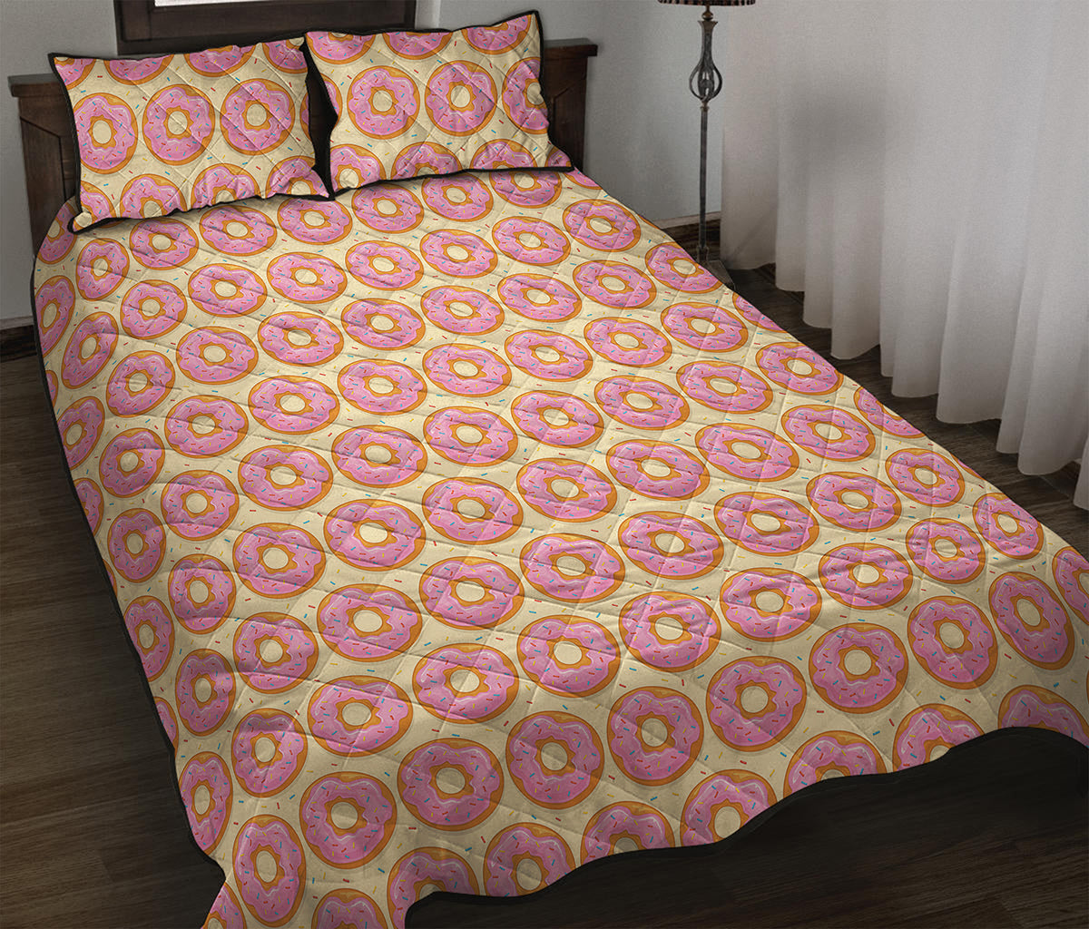 Pink Glazed Donut Pattern Print Quilt Bed Set