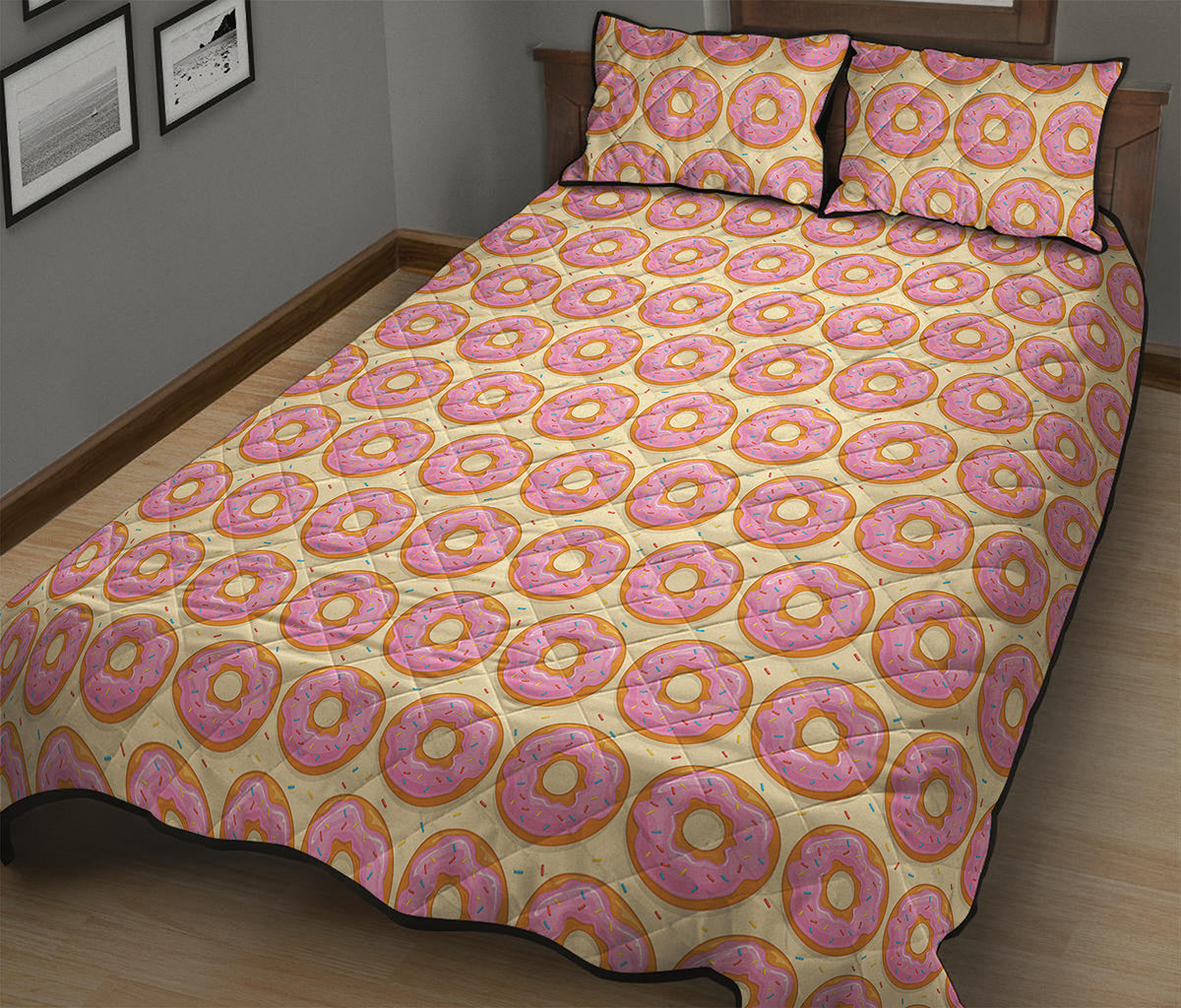 Pink Glazed Donut Pattern Print Quilt Bed Set