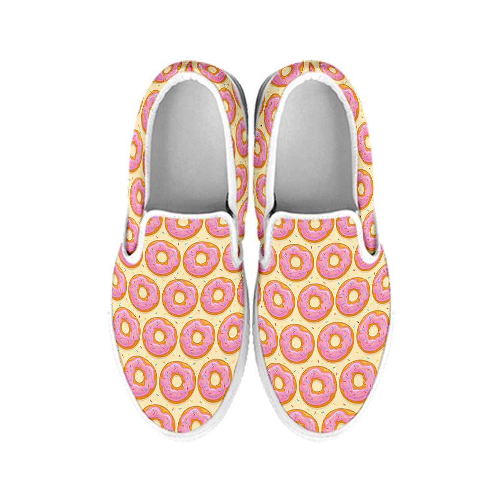 Pink Glazed Donut Pattern Print White Slip On Shoes