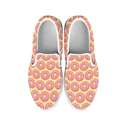 Pink Glazed Donut Pattern Print White Slip On Shoes