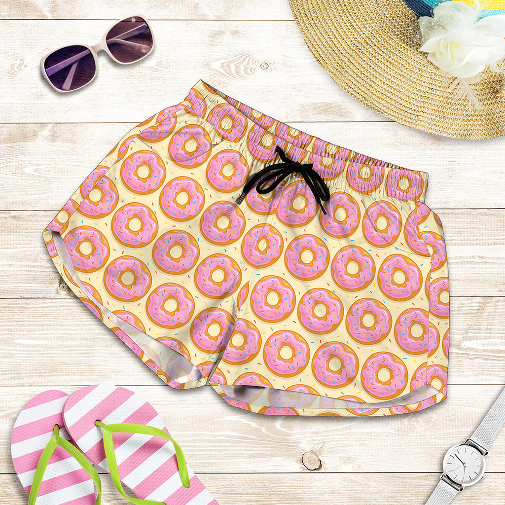 Pink Glazed Donut Pattern Print Women's Shorts