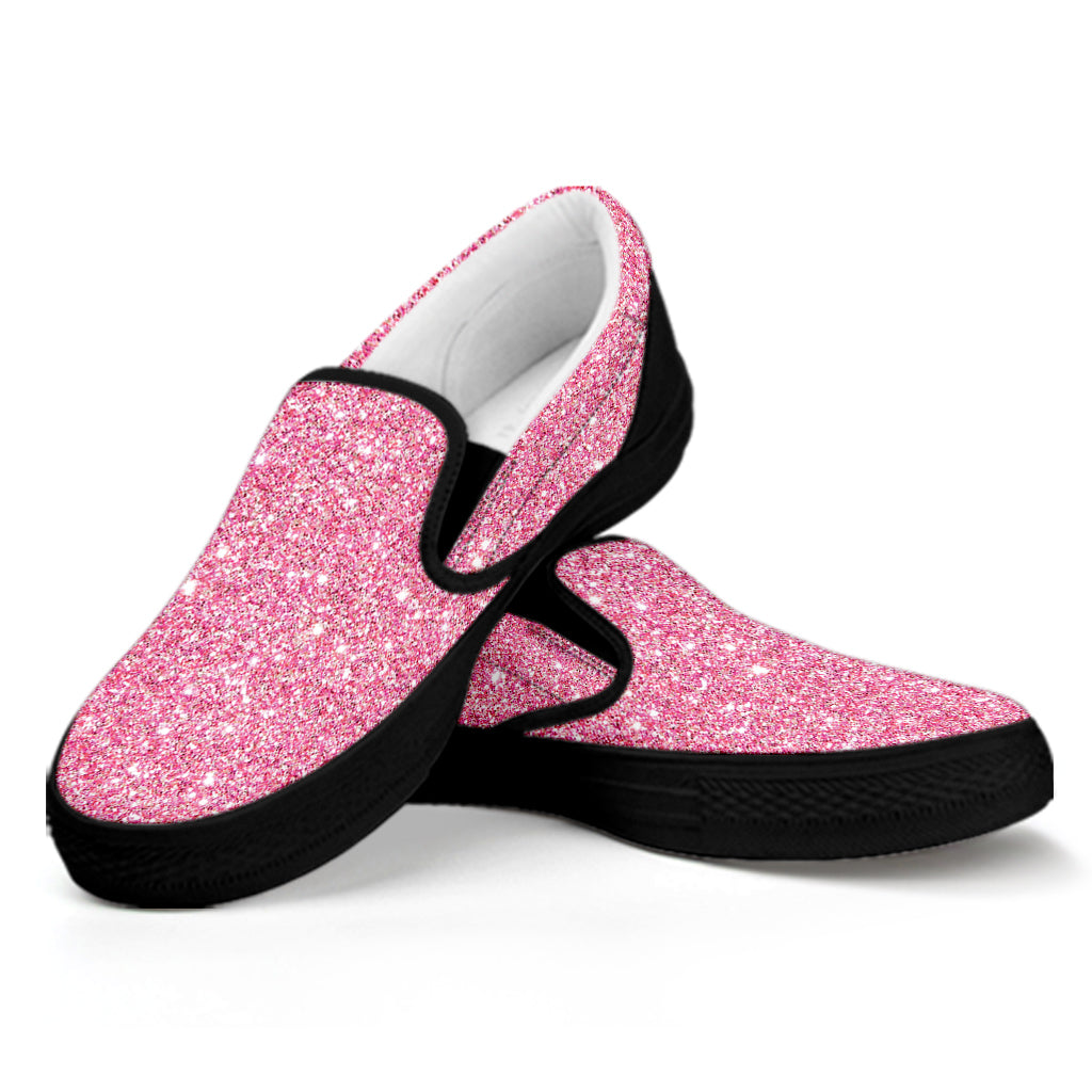 Pink Glitter Texture Print Black Slip On Shoes