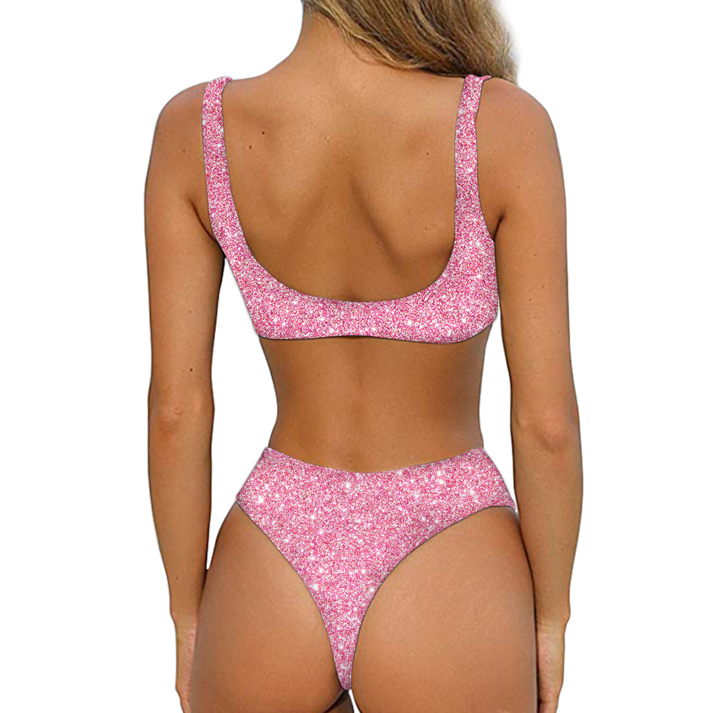 Pink Glitter Texture Print Front Bow Tie Bikini