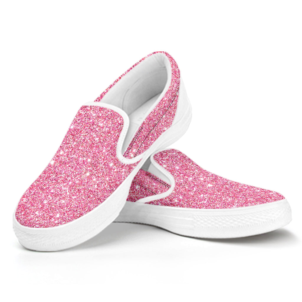 Pink Glitter Texture Print White Slip On Shoes