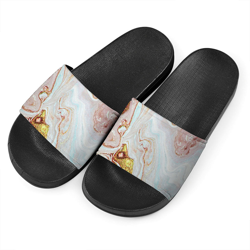 Pink Gold Liquid Marble Print Black Slide Sandals