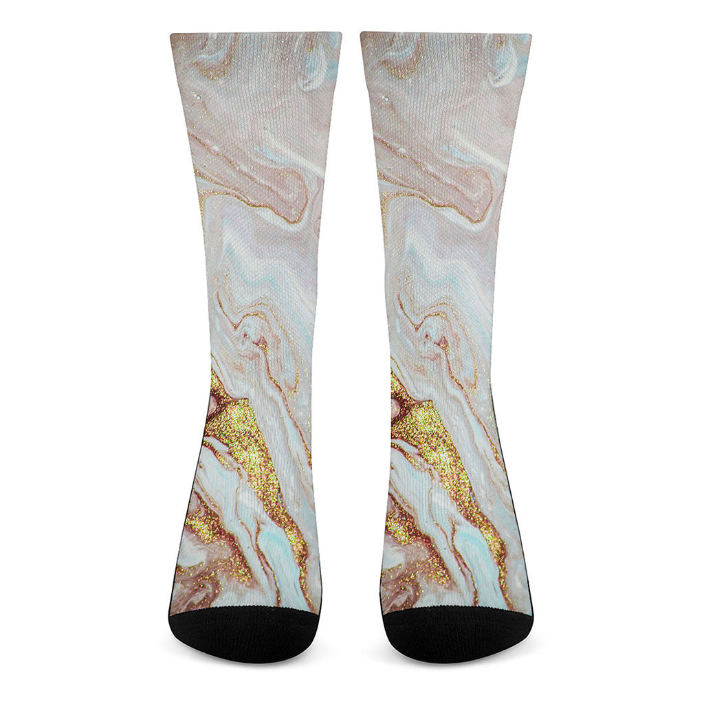 Pink Gold Liquid Marble Print Crew Socks