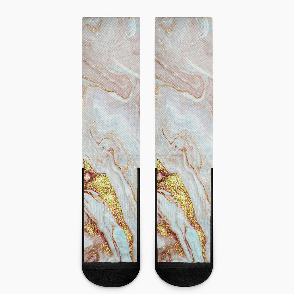 Pink Gold Liquid Marble Print Crew Socks