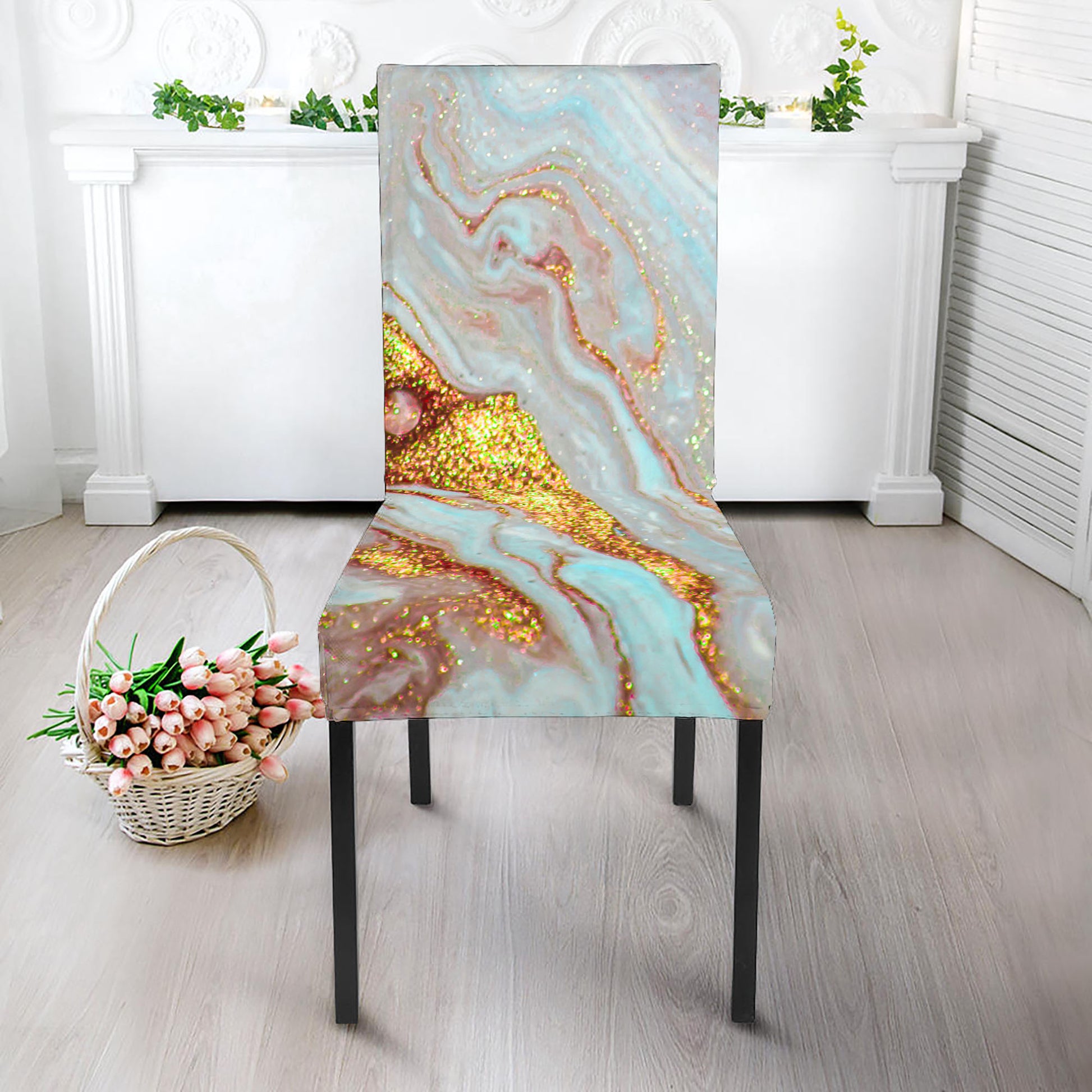 Pink Gold Liquid Marble Print Dining Chair Slipcover