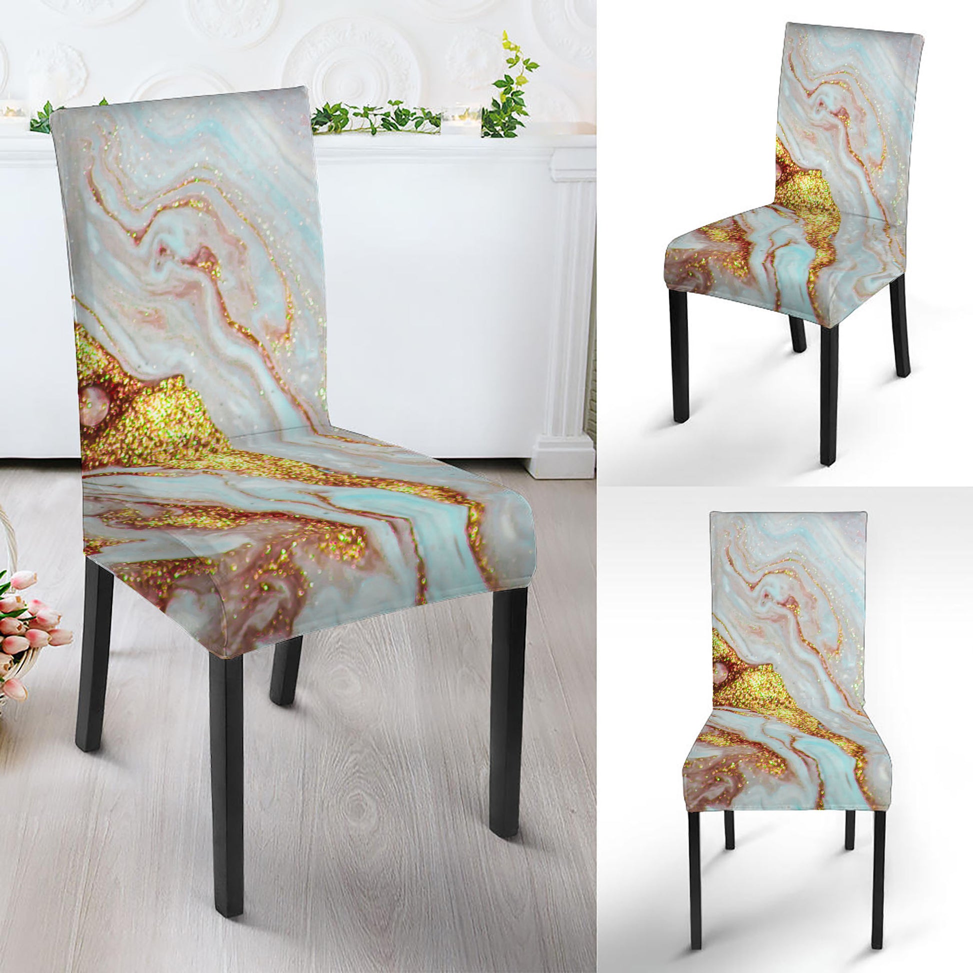 Pink Gold Liquid Marble Print Dining Chair Slipcover
