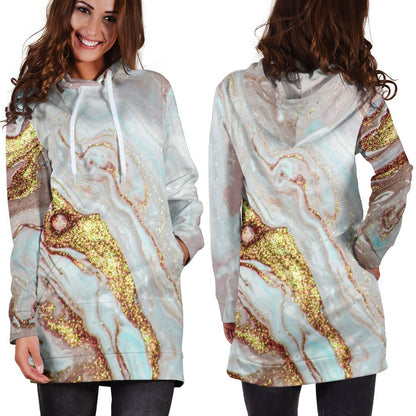Pink Gold Liquid Marble Print Hoodie Dress GearFrost