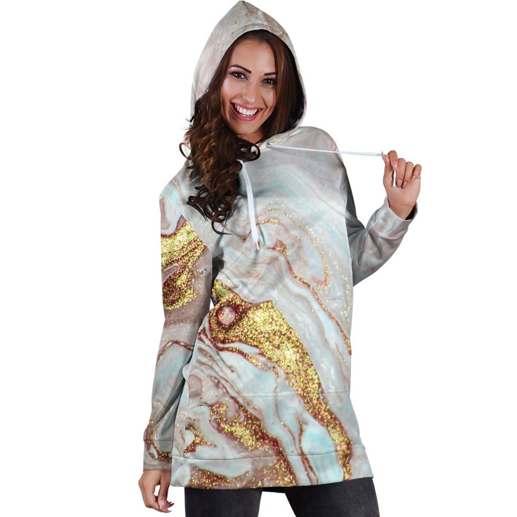 Pink Gold Liquid Marble Print Hoodie Dress GearFrost