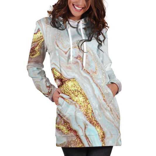 Pink Gold Liquid Marble Print Hoodie Dress GearFrost