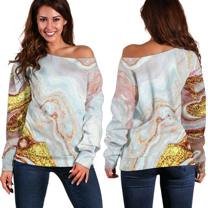Pink Gold Liquid Marble Print Off Shoulder Sweatshirt GearFrost