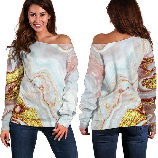 Pink Gold Liquid Marble Print Off Shoulder Sweatshirt GearFrost