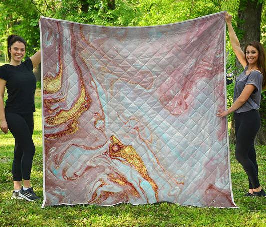 Pink Gold Liquid Marble Print Quilt